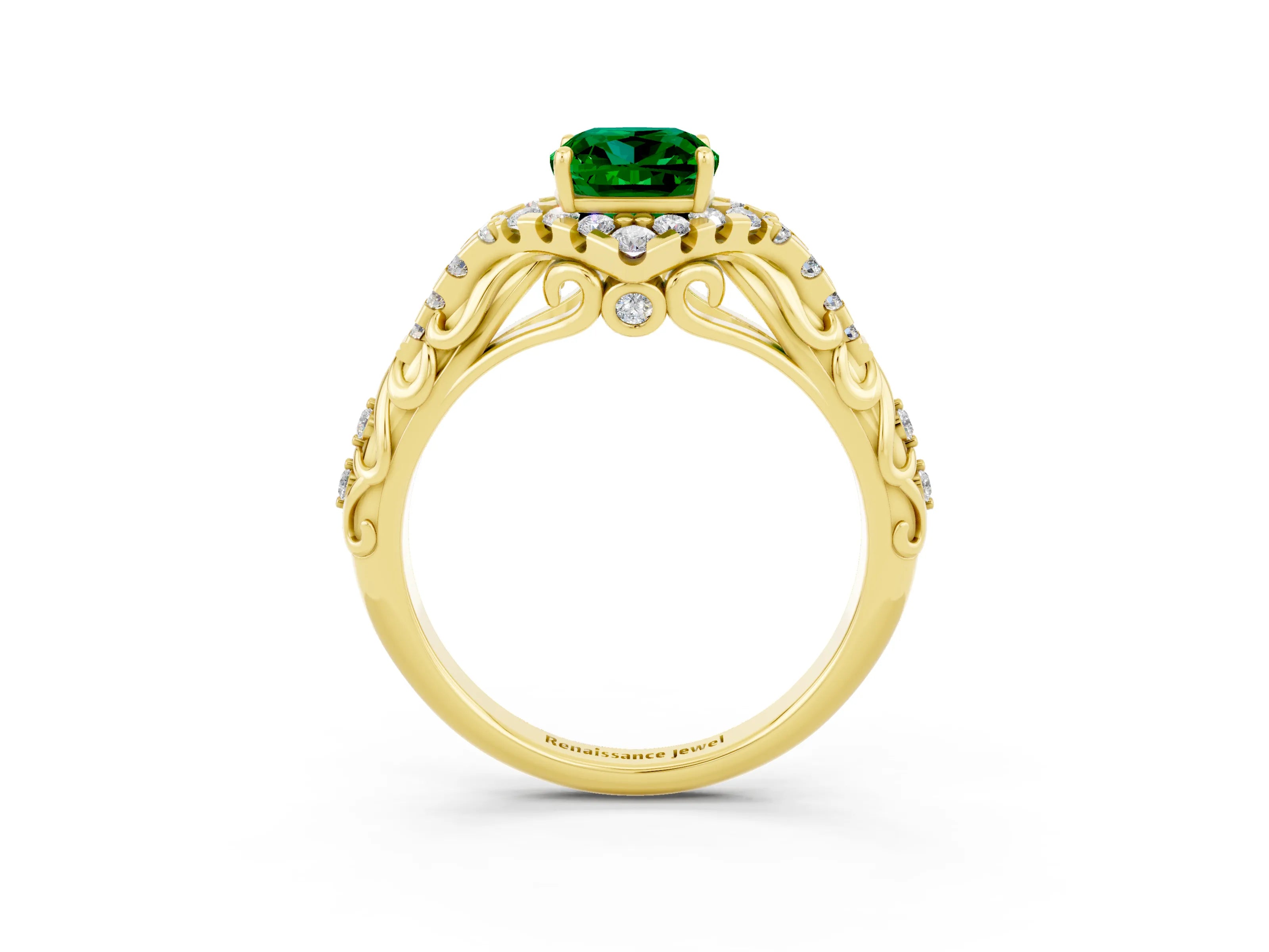 Yellow gold Cushion Cut Emerald Solitaire Ring with Hidden Halo and Pavé Band_15