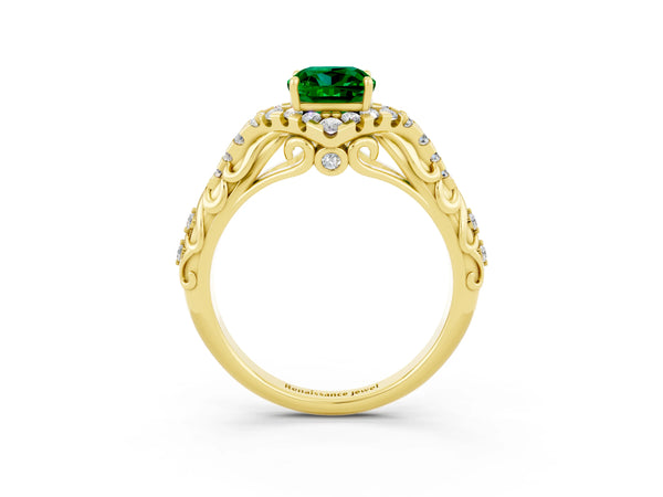 Yellow gold Cushion Cut Emerald Solitaire Ring with Hidden Halo and Pavé Band