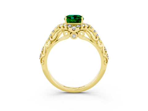 Yellow gold Cushion Cut Emerald Solitaire Ring with Hidden Halo and Pavé Band_15