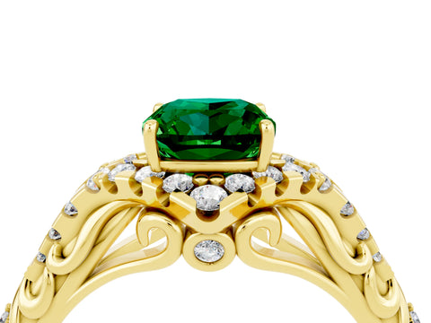 Yellow gold Cushion Cut Emerald Solitaire Ring with Hidden Halo and Pavé Band_16
