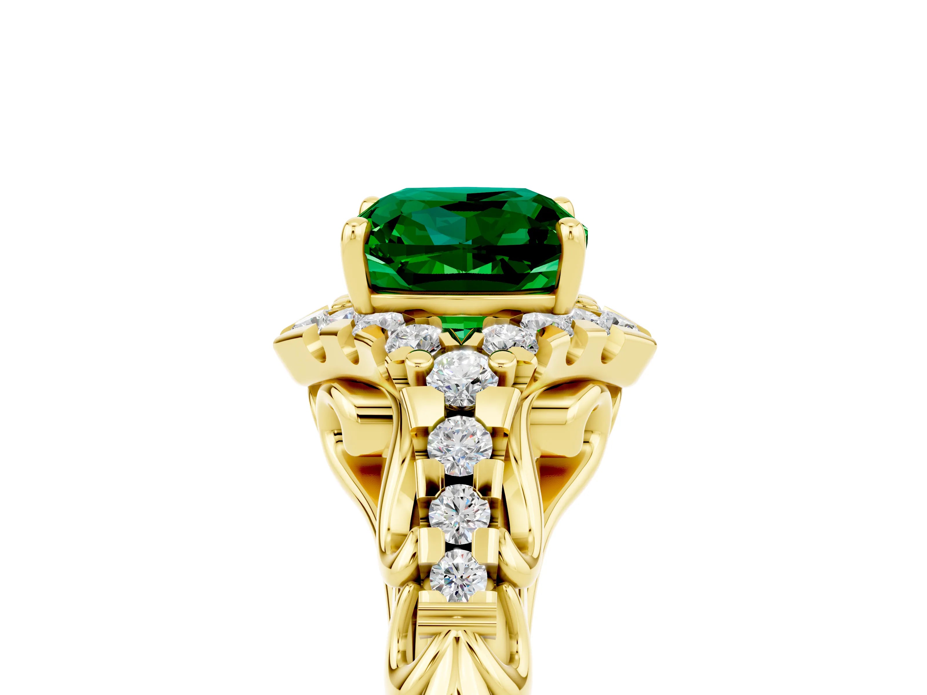 Yellow gold Cushion Cut Emerald Solitaire Ring with Hidden Halo and Pavé Band_17