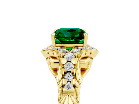 Yellow gold Cushion Cut Emerald Solitaire Ring with Hidden Halo and Pavé Band_17