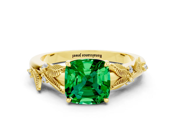 Yellow gold Cushion Cut Emerald Solitaire Ring with Leaf Motif Band and Four-Prong Setting