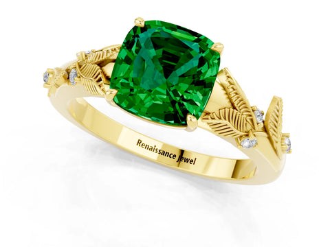 Yellow gold Cushion Cut Emerald Solitaire Ring with Leaf Motif Band and Four-Prong Setting_1