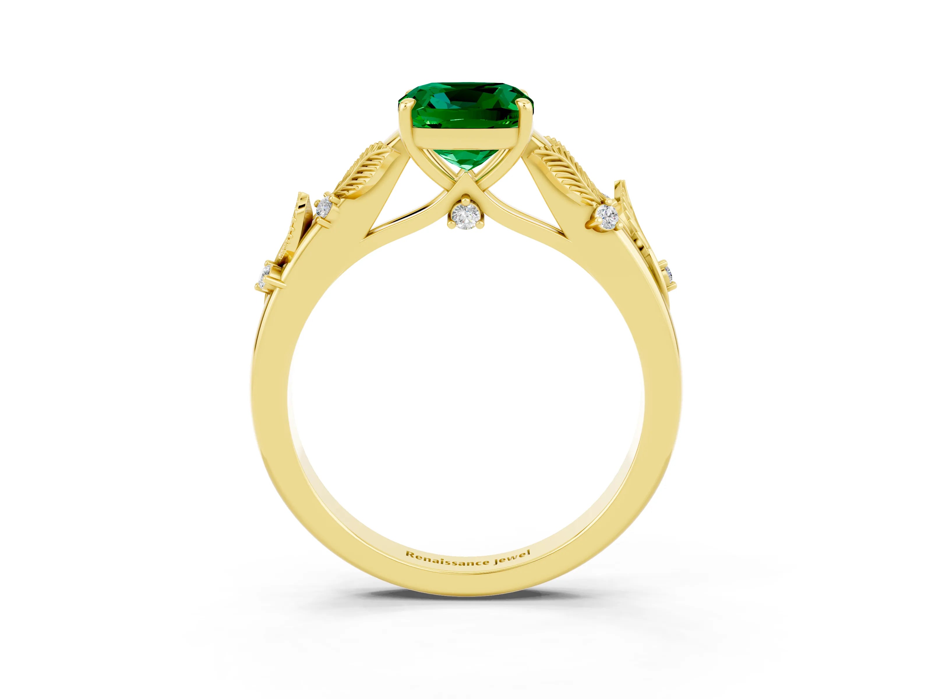 Yellow gold Cushion Cut Emerald Solitaire Ring with Leaf Motif Band and Four-Prong Setting_3