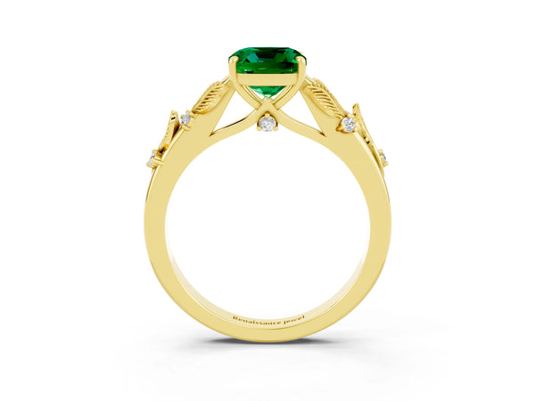 Yellow gold Cushion Cut Emerald Solitaire Ring with Leaf Motif Band and Four-Prong Setting