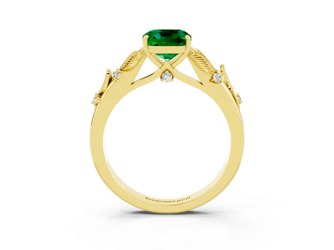 Yellow gold Cushion Cut Emerald Solitaire Ring with Leaf Motif Band and Four-Prong Setting_3