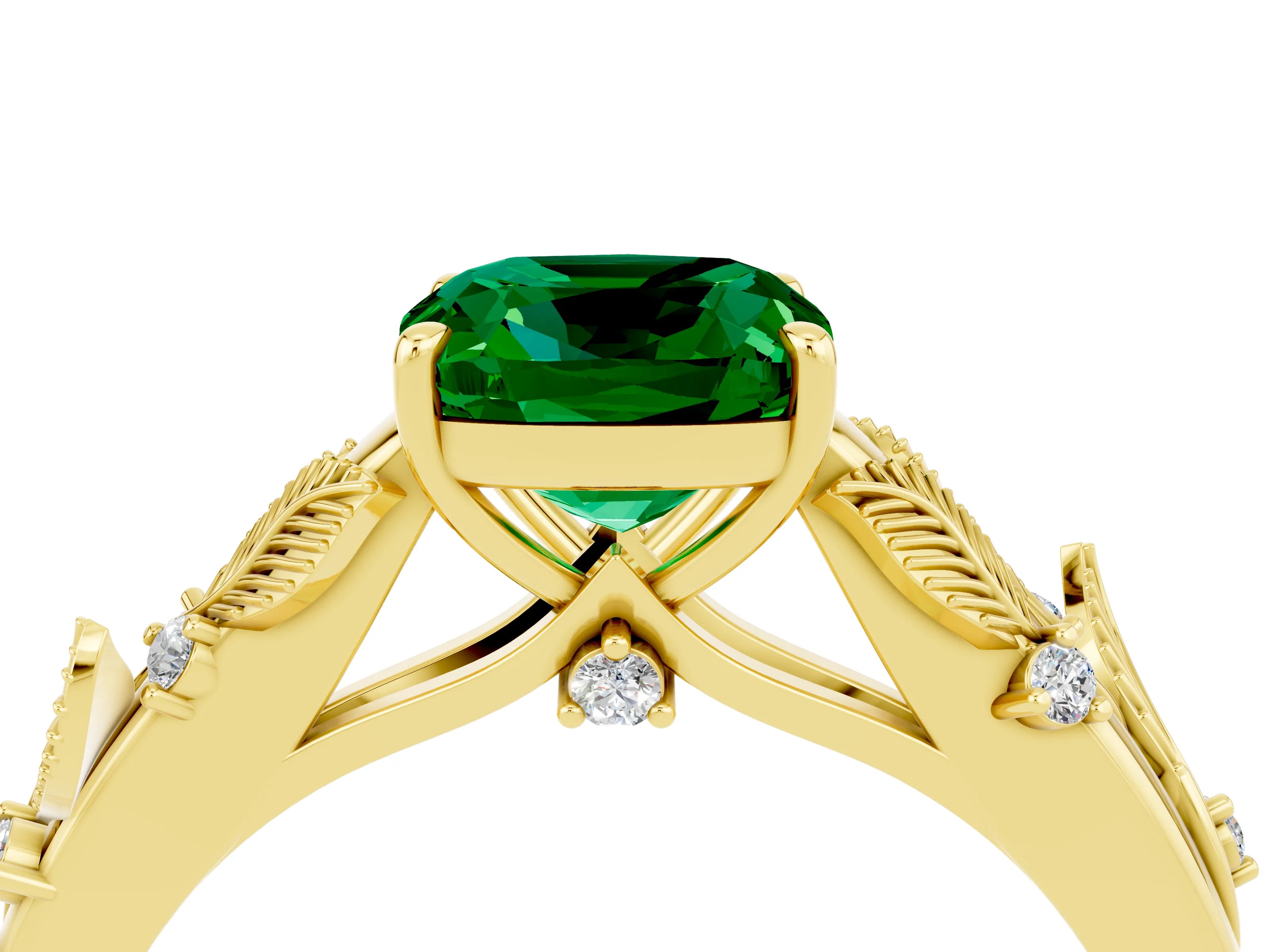 Yellow gold Cushion Cut Emerald Solitaire Ring with Leaf Motif Band and Four-Prong Setting_4
