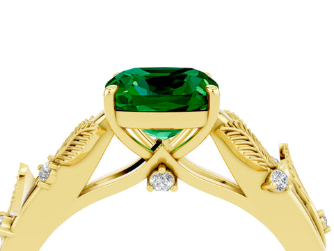 Yellow gold Cushion Cut Emerald Solitaire Ring with Leaf Motif Band and Four-Prong Setting_4