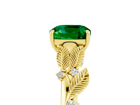 Yellow gold Cushion Cut Emerald Solitaire Ring with Leaf Motif Band and Four-Prong Setting_5