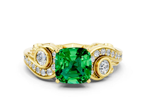 Yellow gold Cushion Cut Emerald Solitaire Ring with Milgrain Pavé Band and Four-Prong Setting_24