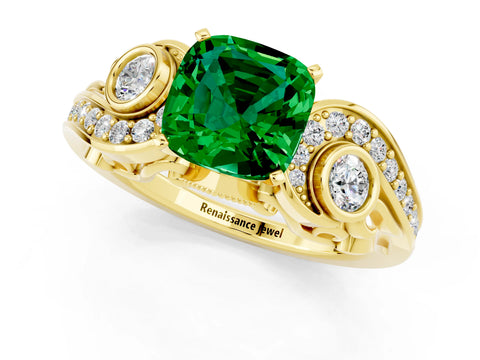 Yellow gold Cushion Cut Emerald Solitaire Ring with Milgrain Pavé Band and Four-Prong Setting_25