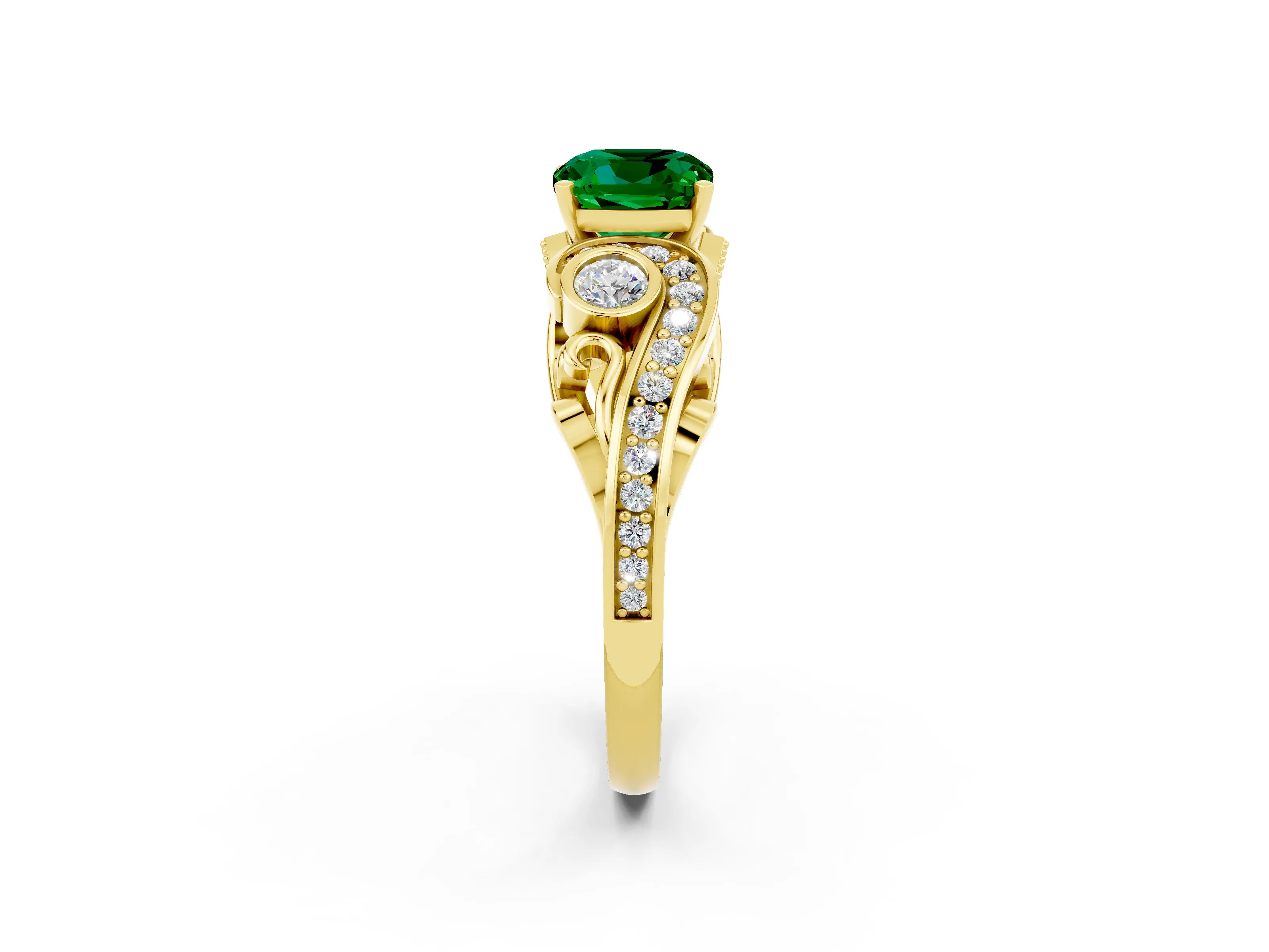 Yellow gold Cushion Cut Emerald Solitaire Ring with Milgrain Pavé Band and Four-Prong Setting_26