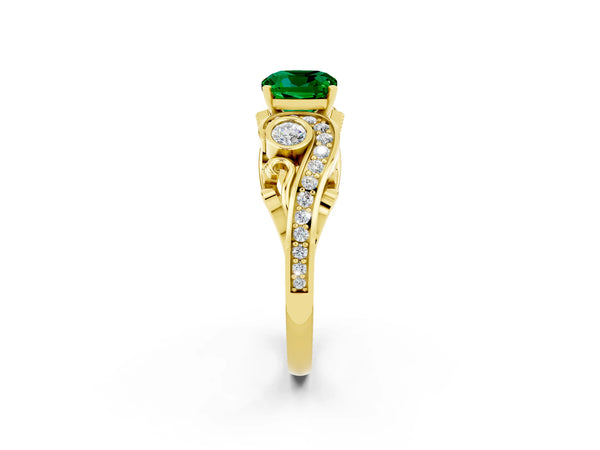 Yellow gold Cushion Cut Emerald Solitaire Ring with Milgrain Pavé Band and Four-Prong Setting