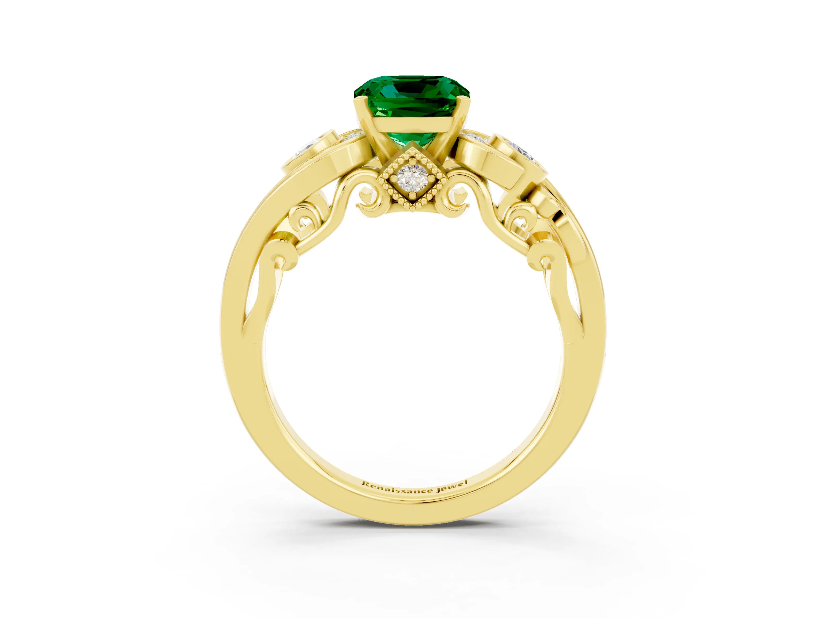 Yellow gold Cushion Cut Emerald Solitaire Ring with Milgrain Pavé Band and Four-Prong Setting_27