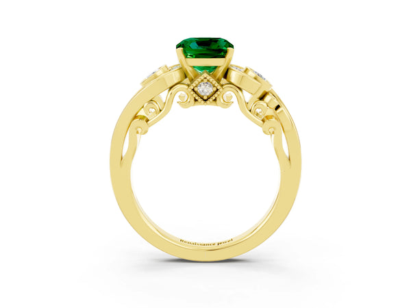 Yellow gold Cushion Cut Emerald Solitaire Ring with Milgrain Pavé Band and Four-Prong Setting
