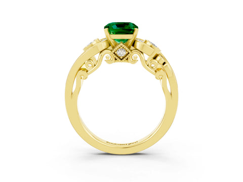 Yellow gold Cushion Cut Emerald Solitaire Ring with Milgrain Pavé Band and Four-Prong Setting_27