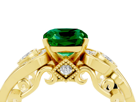 Yellow gold Cushion Cut Emerald Solitaire Ring with Milgrain Pavé Band and Four-Prong Setting_28