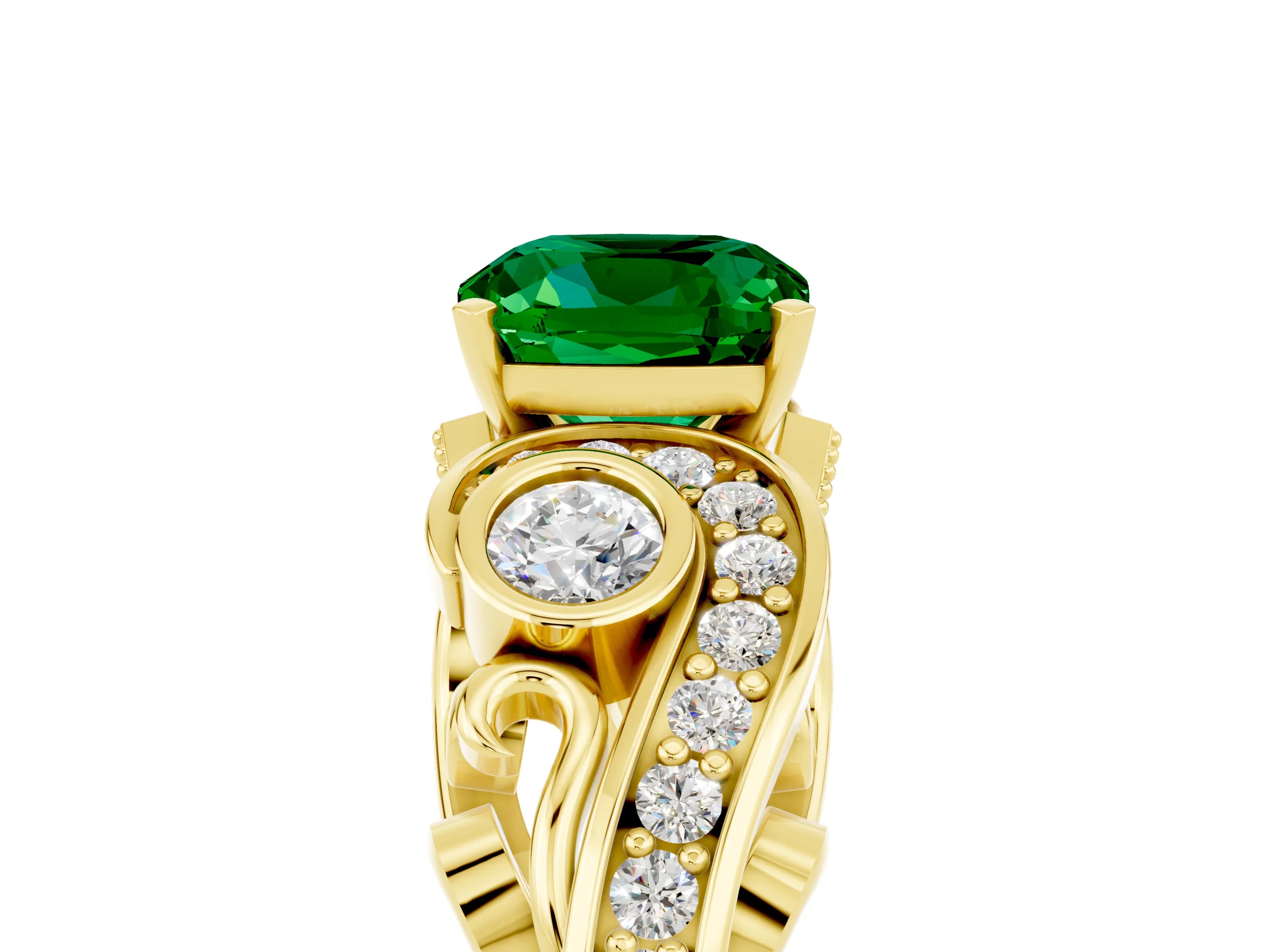 Yellow gold Cushion Cut Emerald Solitaire Ring with Milgrain Pavé Band and Four-Prong Setting_29