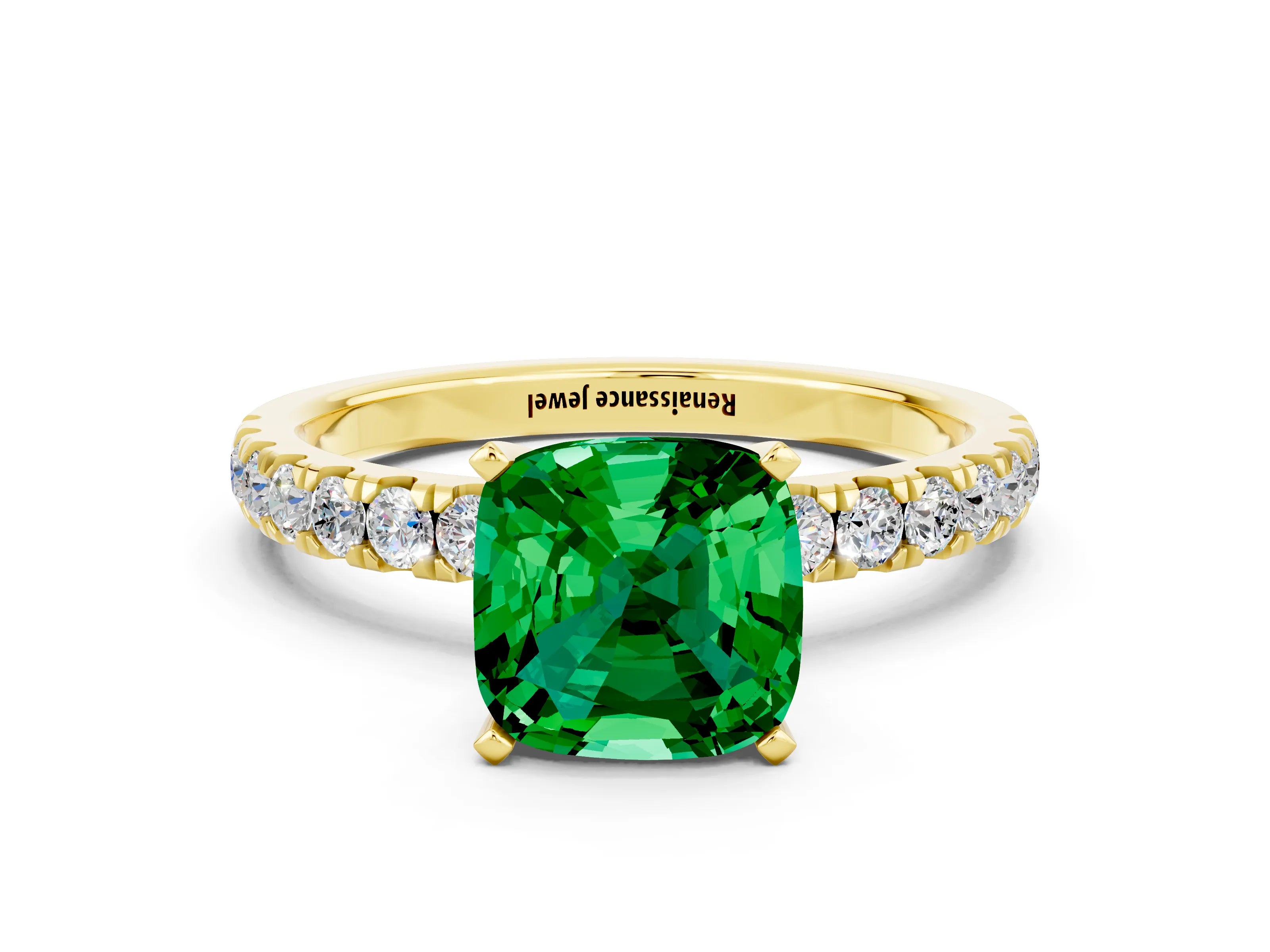 Yellow gold Cushion Cut Emerald Solitaire Ring with Pavé Accents and Four-Prong Setting