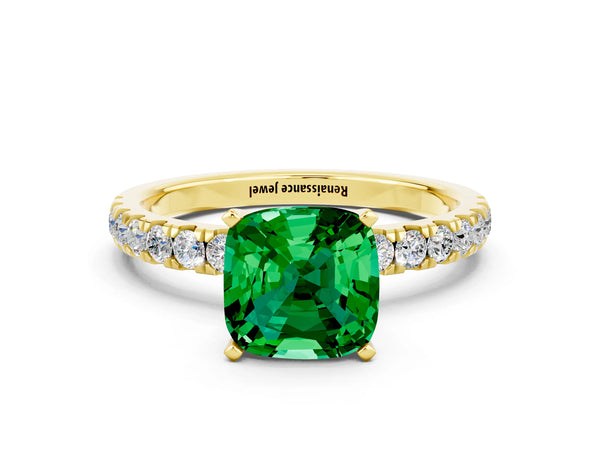 Yellow gold Cushion Cut Emerald Solitaire Ring with Pavé Accents and Four-Prong Setting