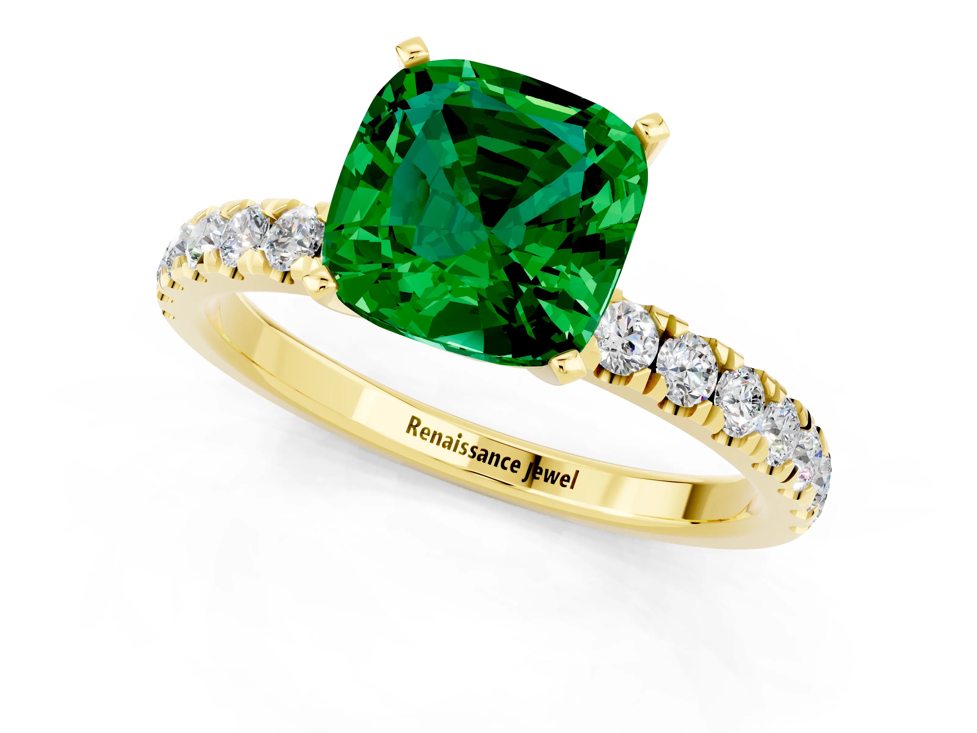 Yellow gold Cushion Cut Emerald Solitaire Ring with Pavé Accents and Four-Prong Setting_1