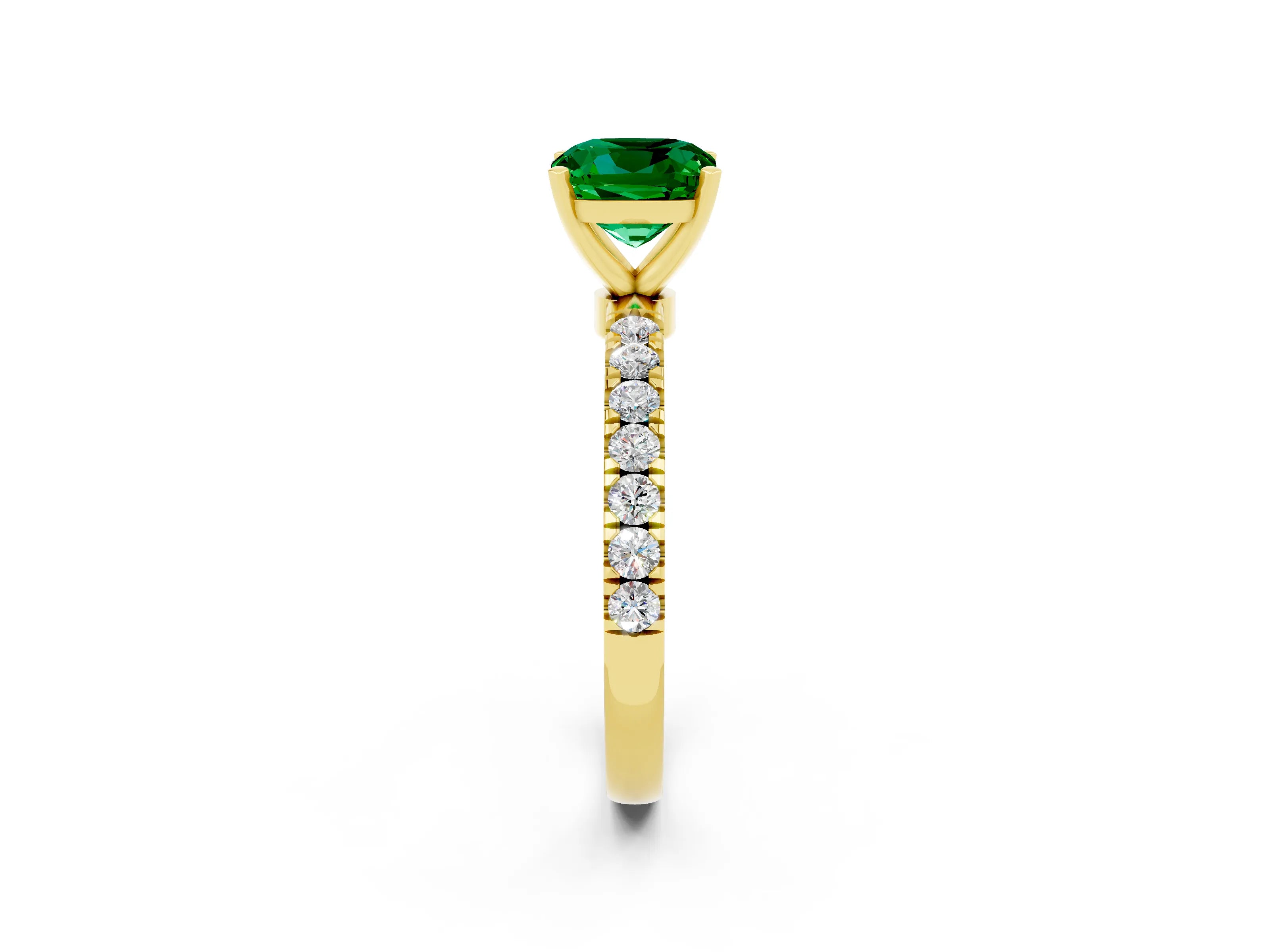 Yellow gold Cushion Cut Emerald Solitaire Ring with Pavé Accents and Four-Prong Setting_2