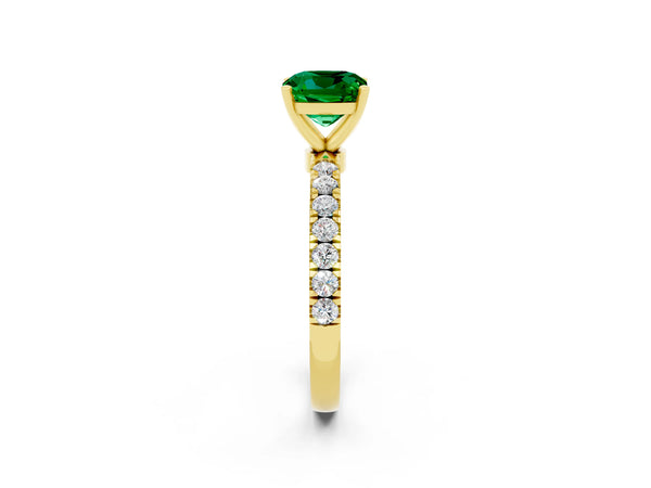 Yellow gold Cushion Cut Emerald Solitaire Ring with Pavé Accents and Four-Prong Setting