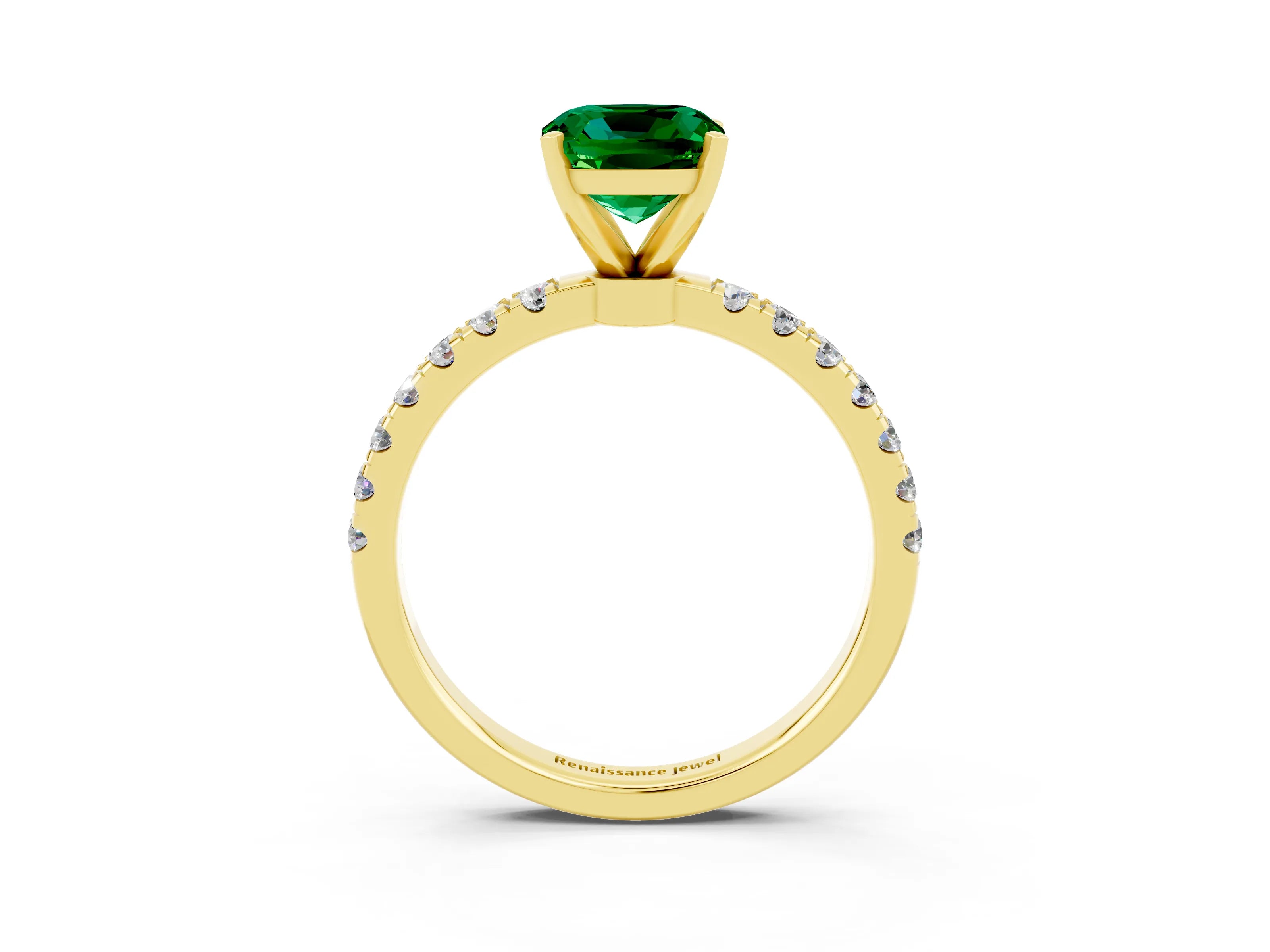 Yellow gold Cushion Cut Emerald Solitaire Ring with Pavé Accents and Four-Prong Setting_3