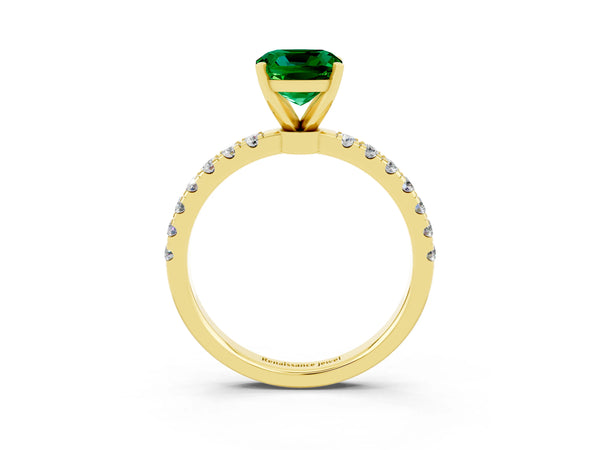 Yellow gold Cushion Cut Emerald Solitaire Ring with Pavé Accents and Four-Prong Setting