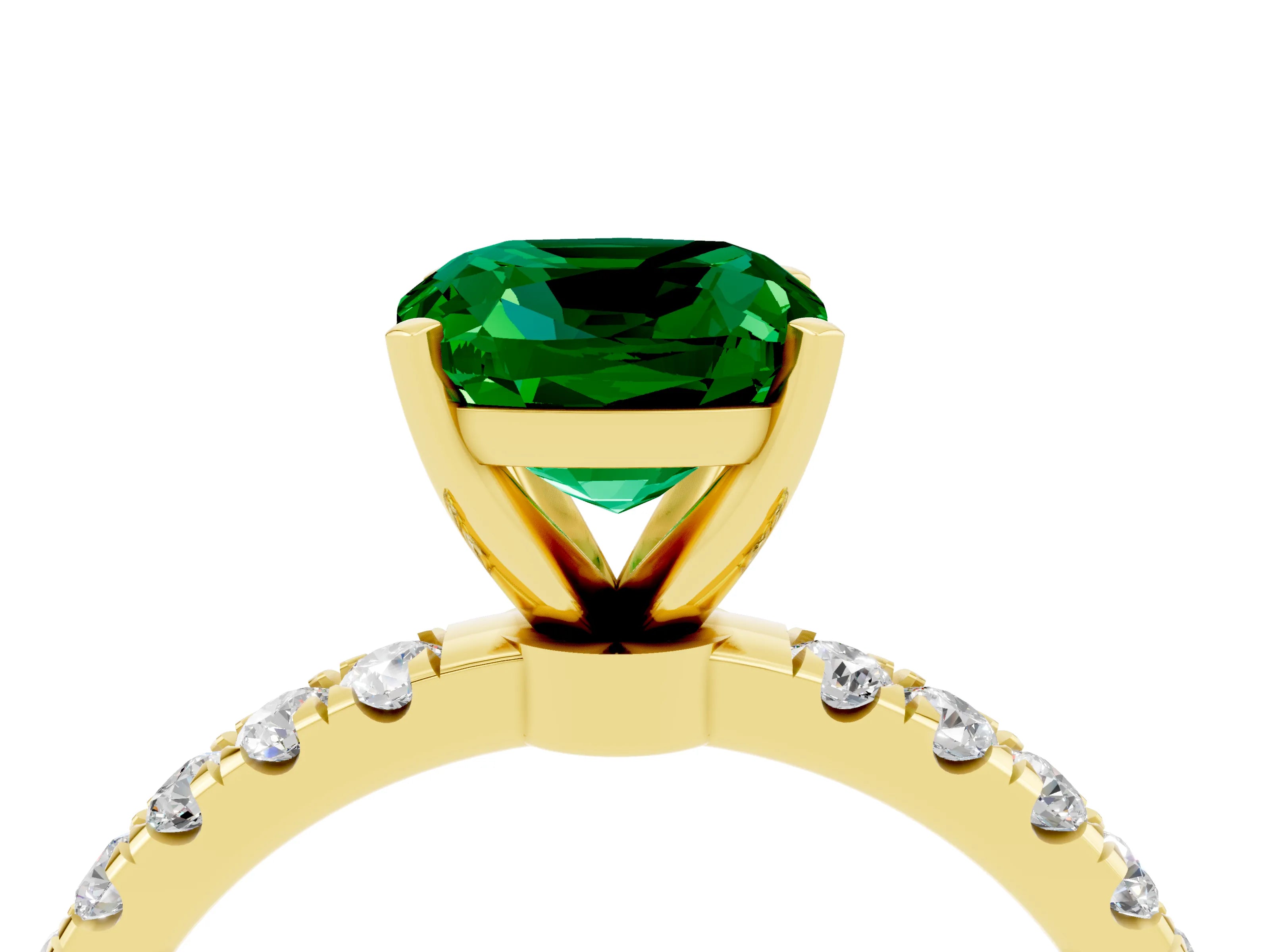 Yellow gold Cushion Cut Emerald Solitaire Ring with Pavé Accents and Four-Prong Setting_4