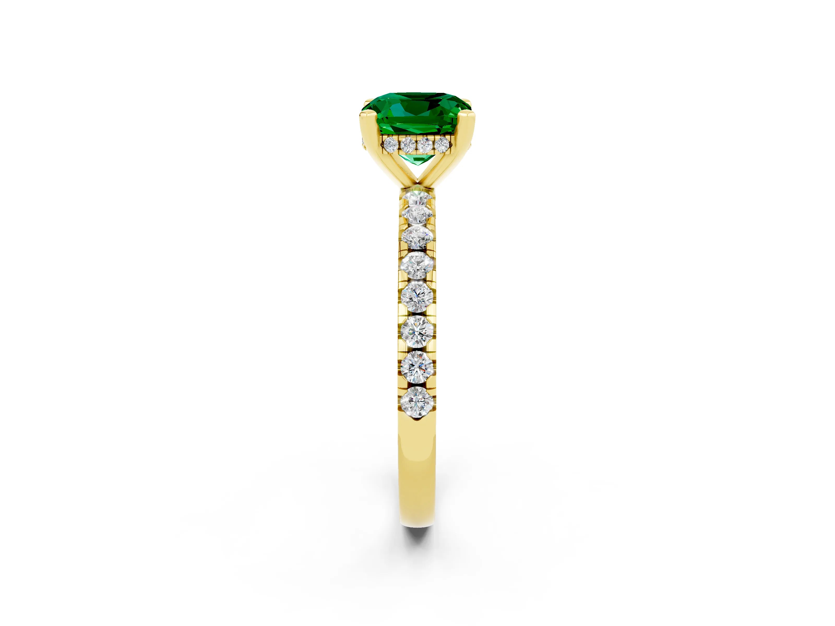 Yellow gold Cushion Cut Emerald Solitaire Ring with Pavé Band and Four-Prong Setting_26
