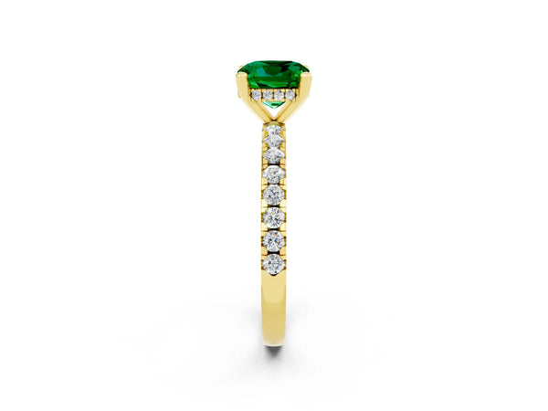 Yellow gold Cushion Cut Emerald Solitaire Ring with Round  Pavé Band and Four-Prong Setting