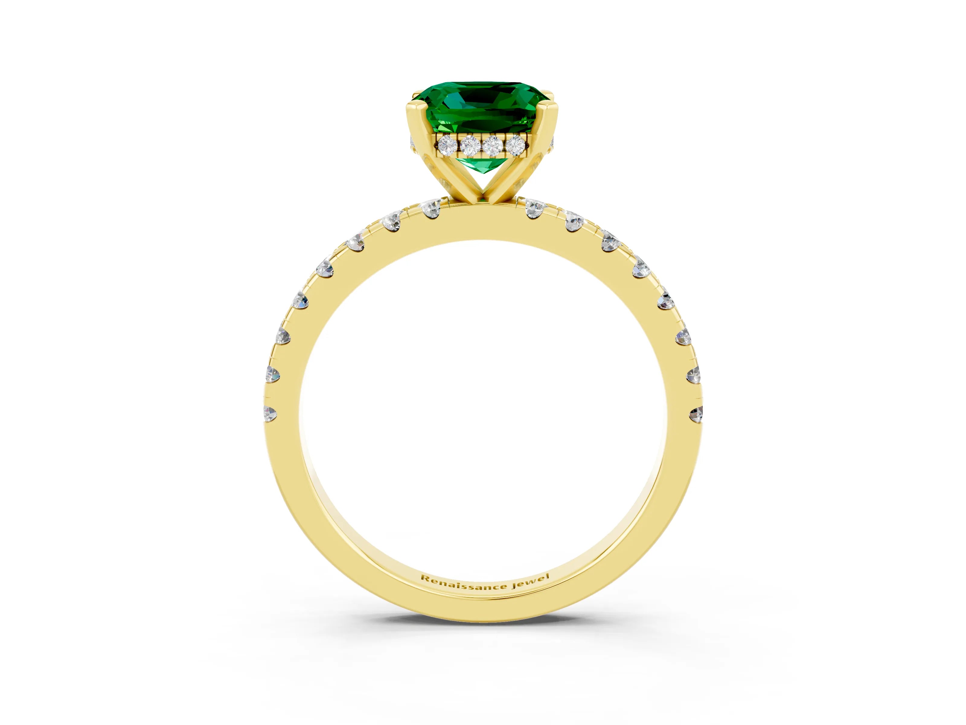Yellow gold Cushion Cut Emerald Solitaire Ring with Pavé Band and Four-Prong Setting_27