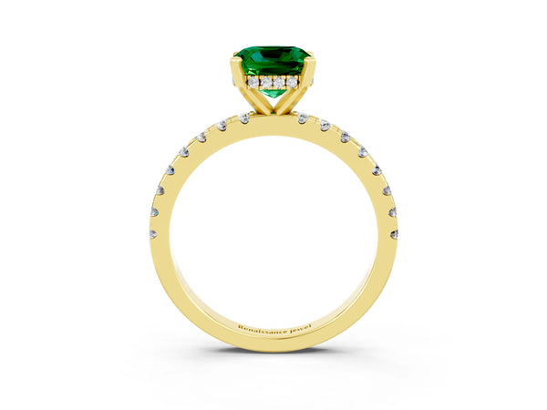 Yellow gold Cushion Cut Emerald Solitaire Ring with Round  Pavé Band and Four-Prong Setting