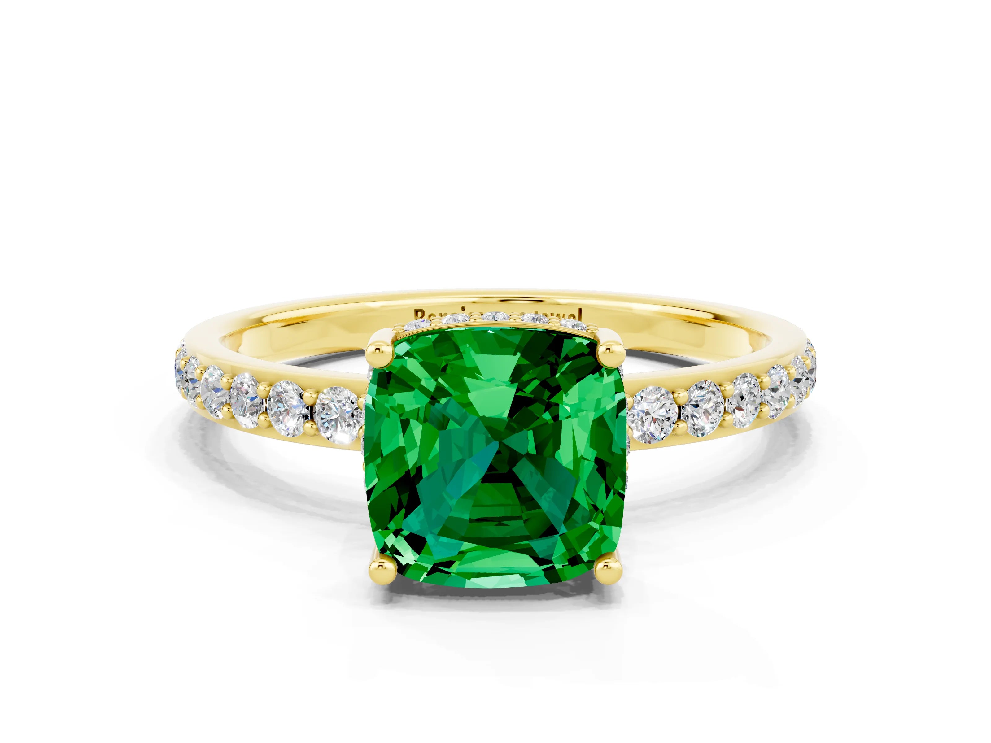 Yellow gold Cushion Cut Emerald Solitaire Ring with Pavé Band and Hidden Halo_12