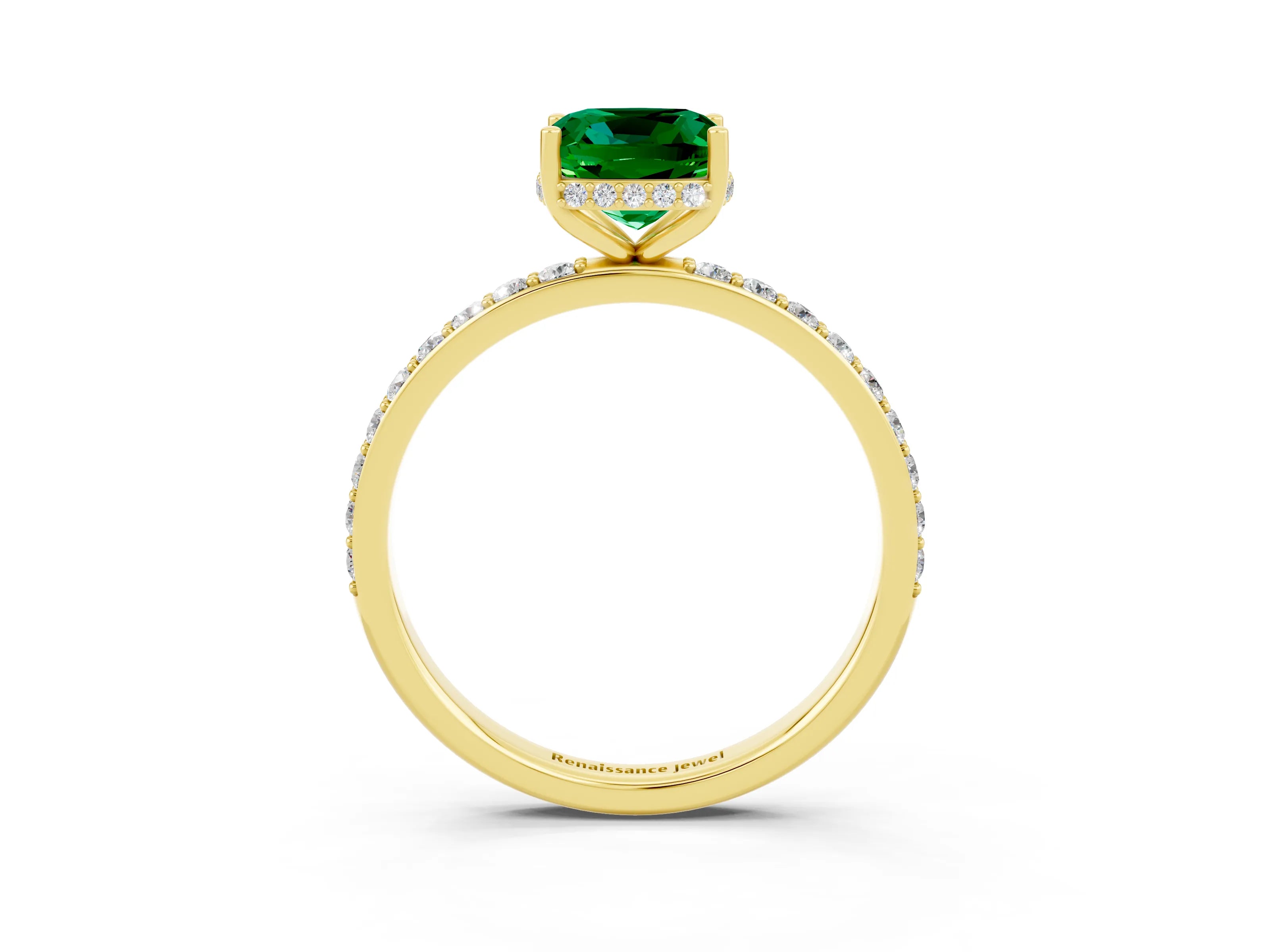 Yellow gold Cushion Cut Emerald Solitaire Ring with Pavé Band and Hidden Halo_15
