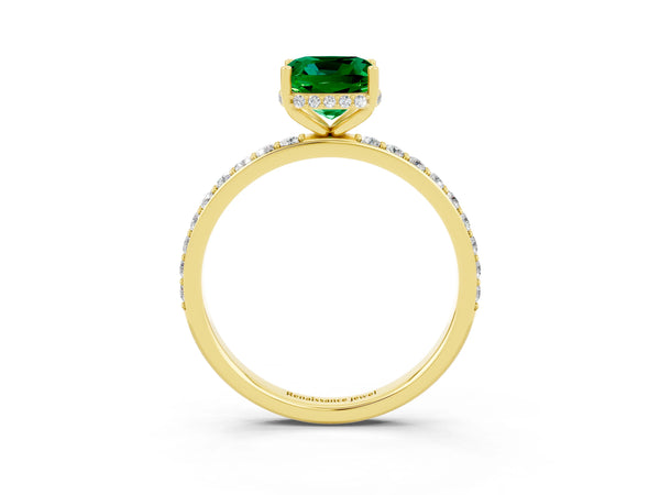 Yellow gold Cushion Cut Emerald Solitaire Ring with Pavé Band and Hidden Halo