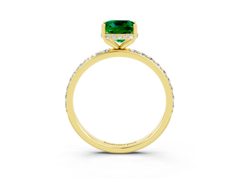 Yellow gold Cushion Cut Emerald Solitaire Ring with Pavé Band and Hidden Halo_15