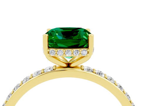 Yellow gold Cushion Cut Emerald Solitaire Ring with Pavé Band and Hidden Halo_16