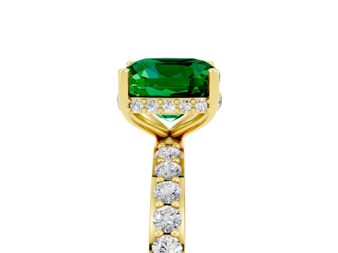 Yellow gold Cushion Cut Emerald Solitaire Ring with Pavé Band and Hidden Halo_17