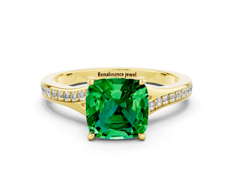 Yellow gold Cushion Cut Emerald Solitaire Ring with Pavé Band and Prong Setting_12