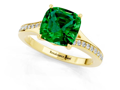 Yellow gold Cushion Cut Emerald Solitaire Ring with Pavé Band and Prong Setting_13