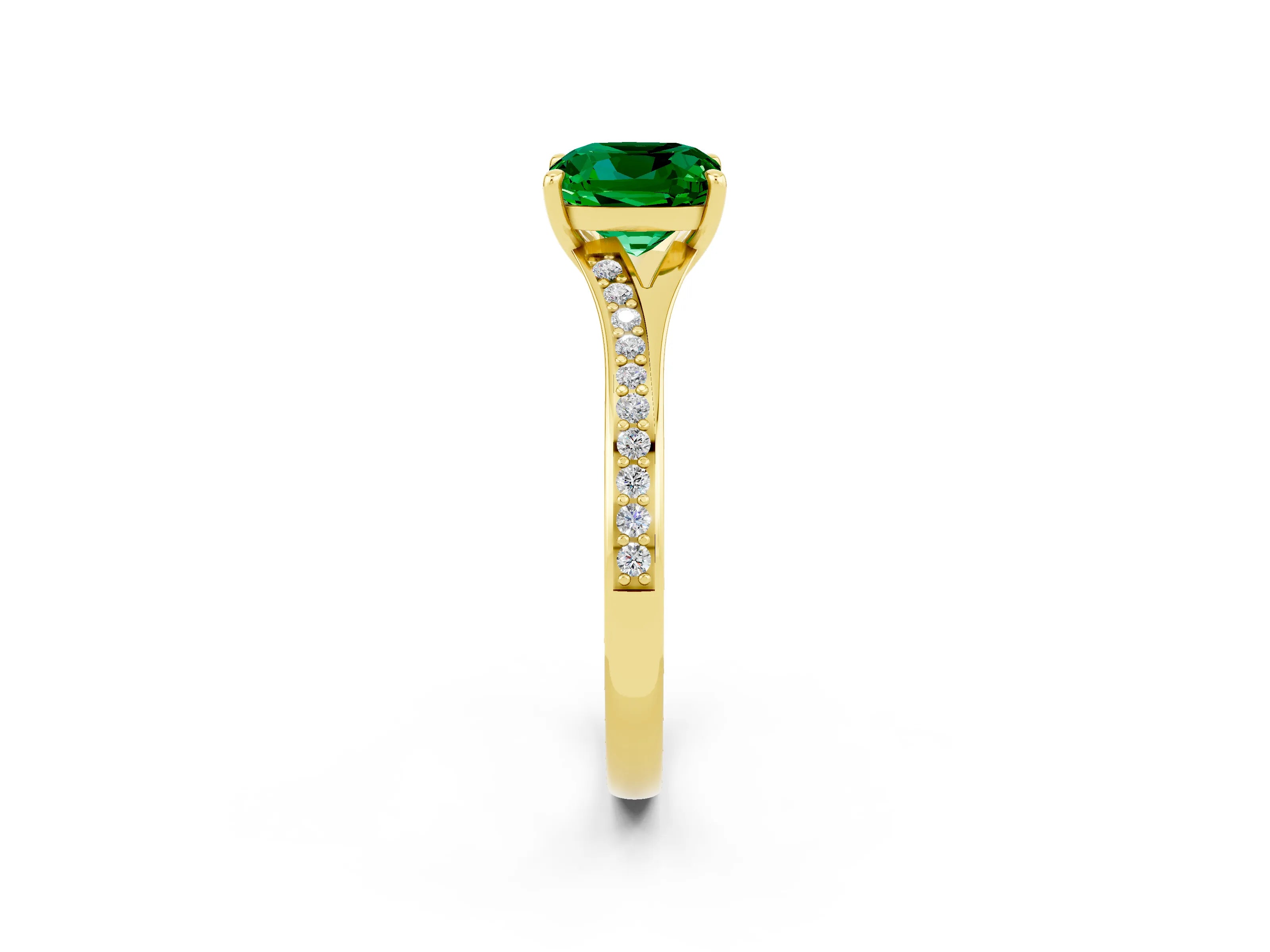 Yellow gold Cushion Cut Emerald Solitaire Ring with Pavé Band and Prong Setting_14
