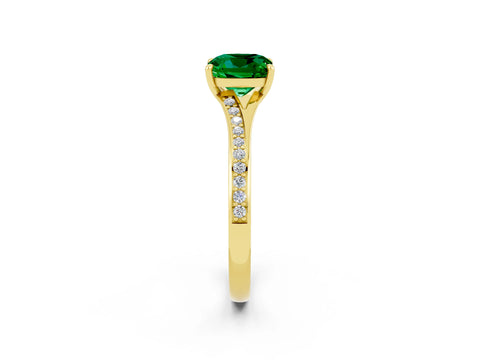Yellow gold Cushion Cut Emerald Solitaire Ring with Pavé Band and Prong Setting_14