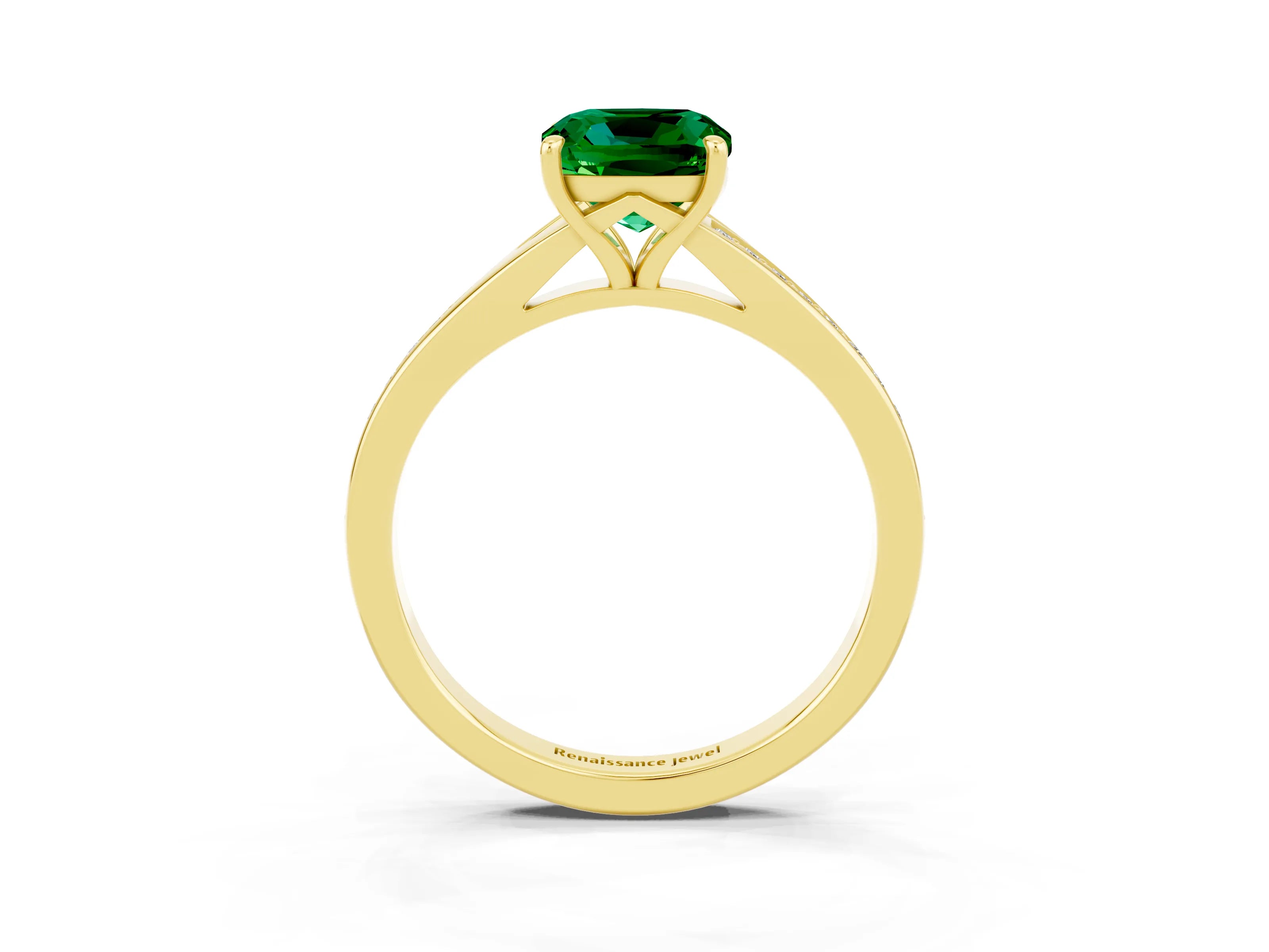 Yellow gold Cushion Cut Emerald Solitaire Ring with Pavé Band and Prong Setting_15