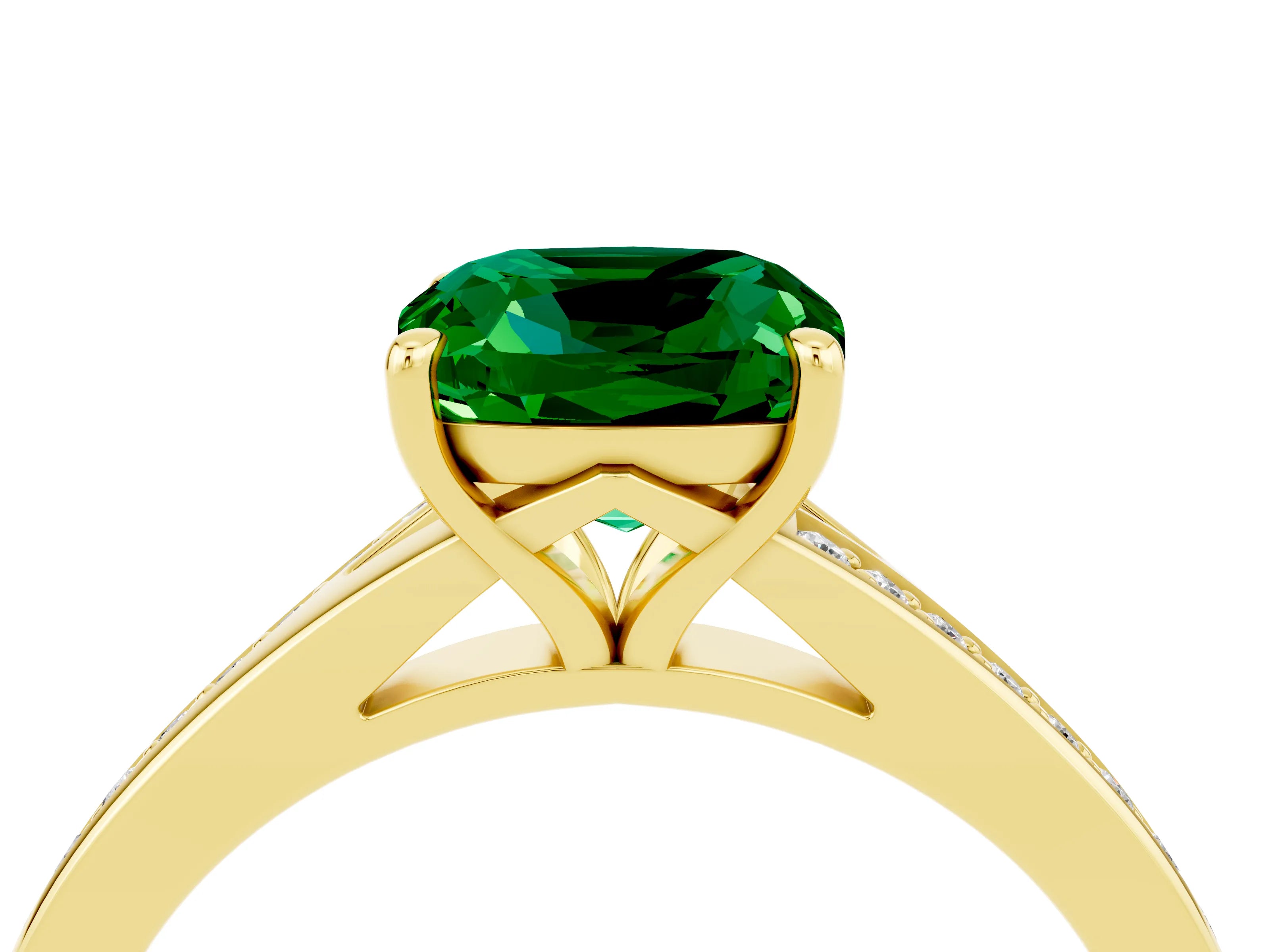 Yellow gold Cushion Cut Emerald Solitaire Ring with Pavé Band and Prong Setting_16