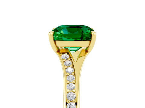Yellow gold Cushion Cut Emerald Solitaire Ring with Pavé Band and Prong Setting_17