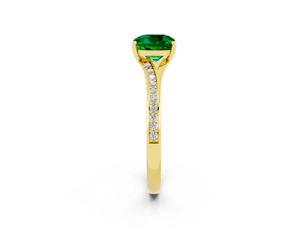 Yellow gold Cushion Cut Emerald Solitaire Ring with Pavé Band and Prong Setting