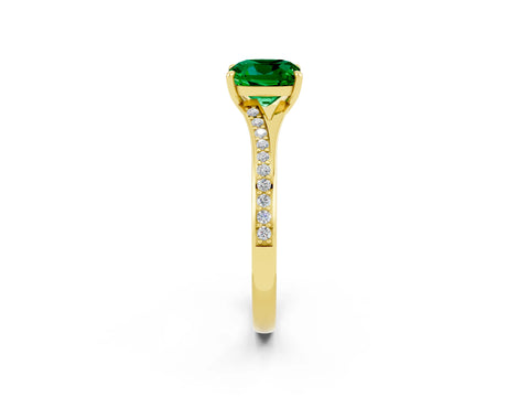 Yellow gold Cushion Cut Emerald Solitaire Ring with Pavé Band and Prong Setting_2